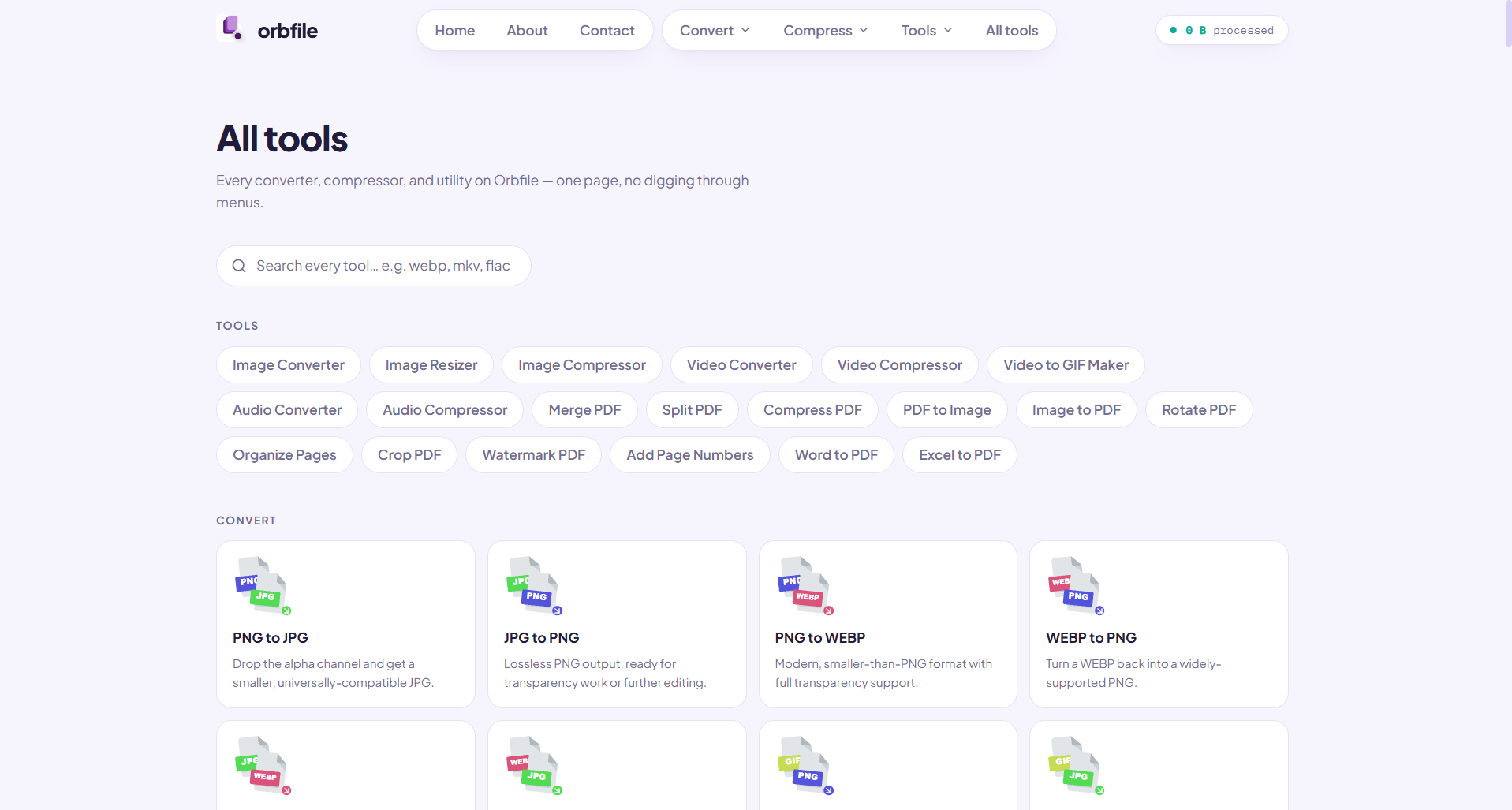Orbfile's all-tools page listing conversion and compression utilities