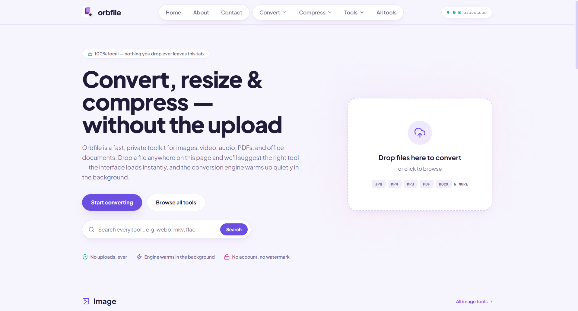 Orbfile's browser-based file conversion homepage, with a local drop zone and search for its tools